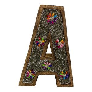 Single Letter A Monogram wooden  3D Brown Free Standing Silver Shimmer Decor
